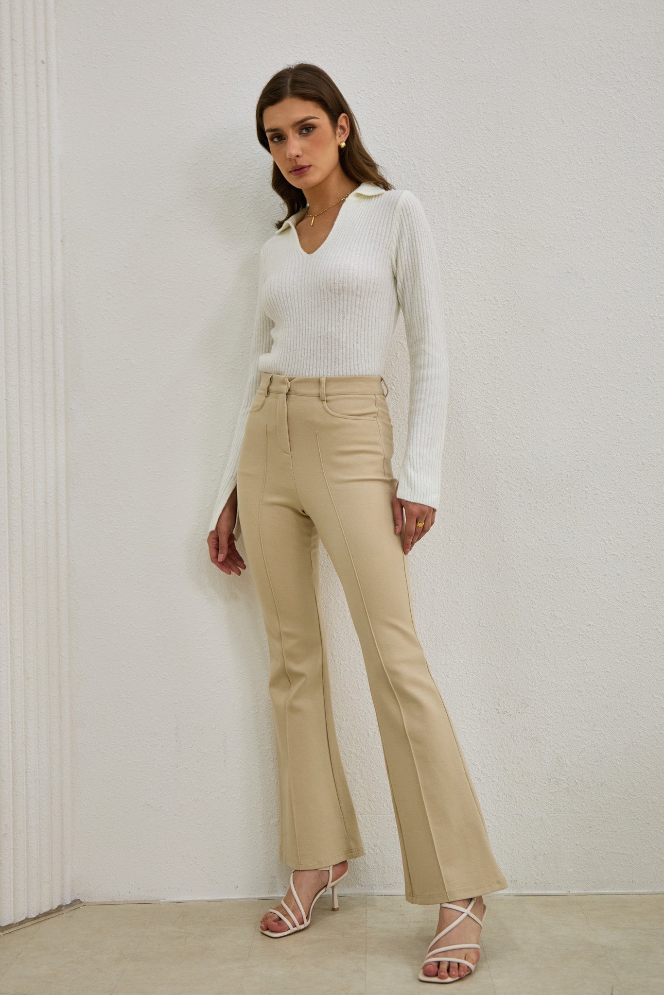 Demi Beige Flared Pants Stretchy High Waist Pants With Retro Flair demi-beige-flared-pants-stretchy-high-waist-pants-with-retro-flair