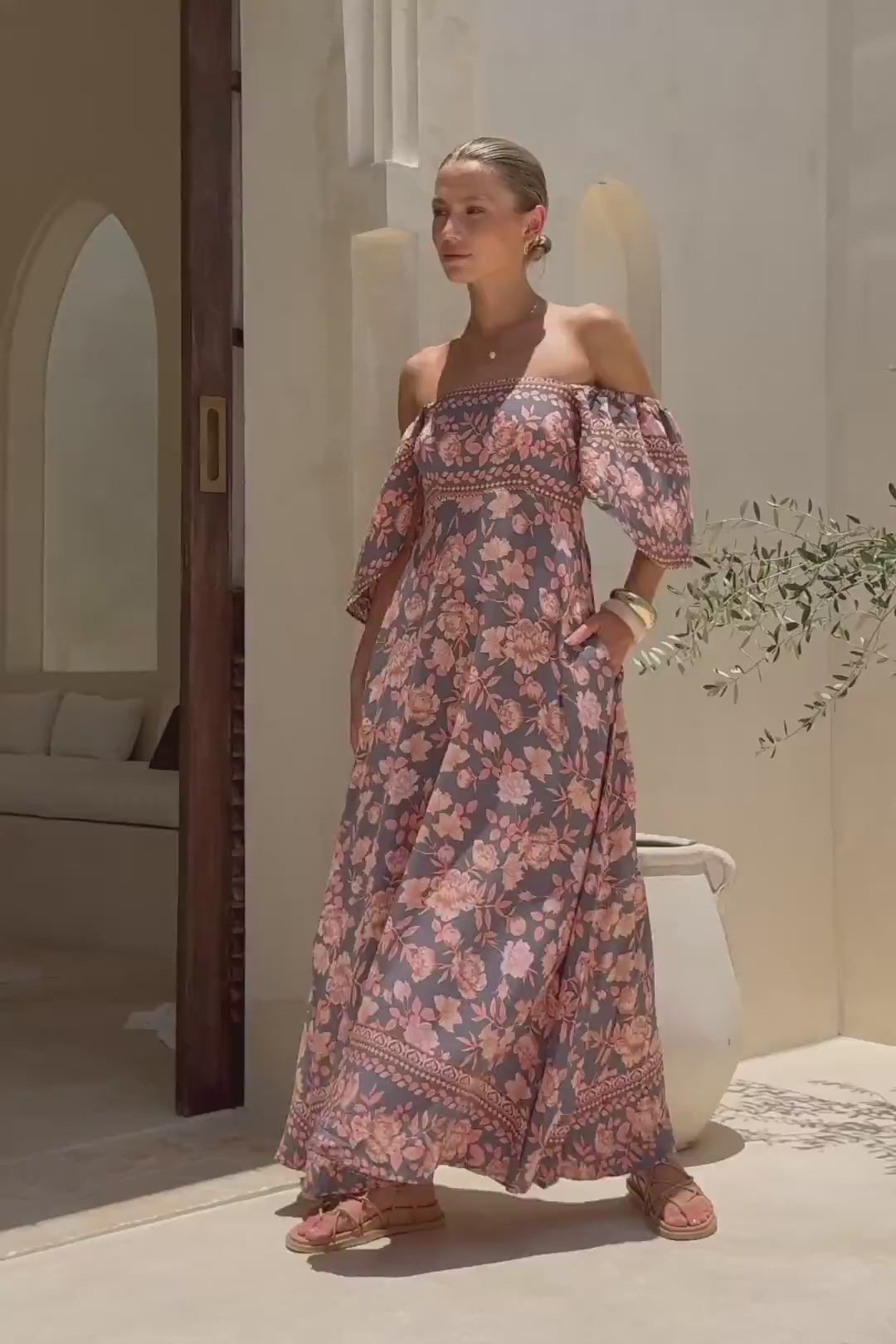 Amarante Navy Peach Floral Boho Flared Sleeve Maxi Dress Amarante Navy Peach Floral Boho Flared Sleeve Maxi Dress
