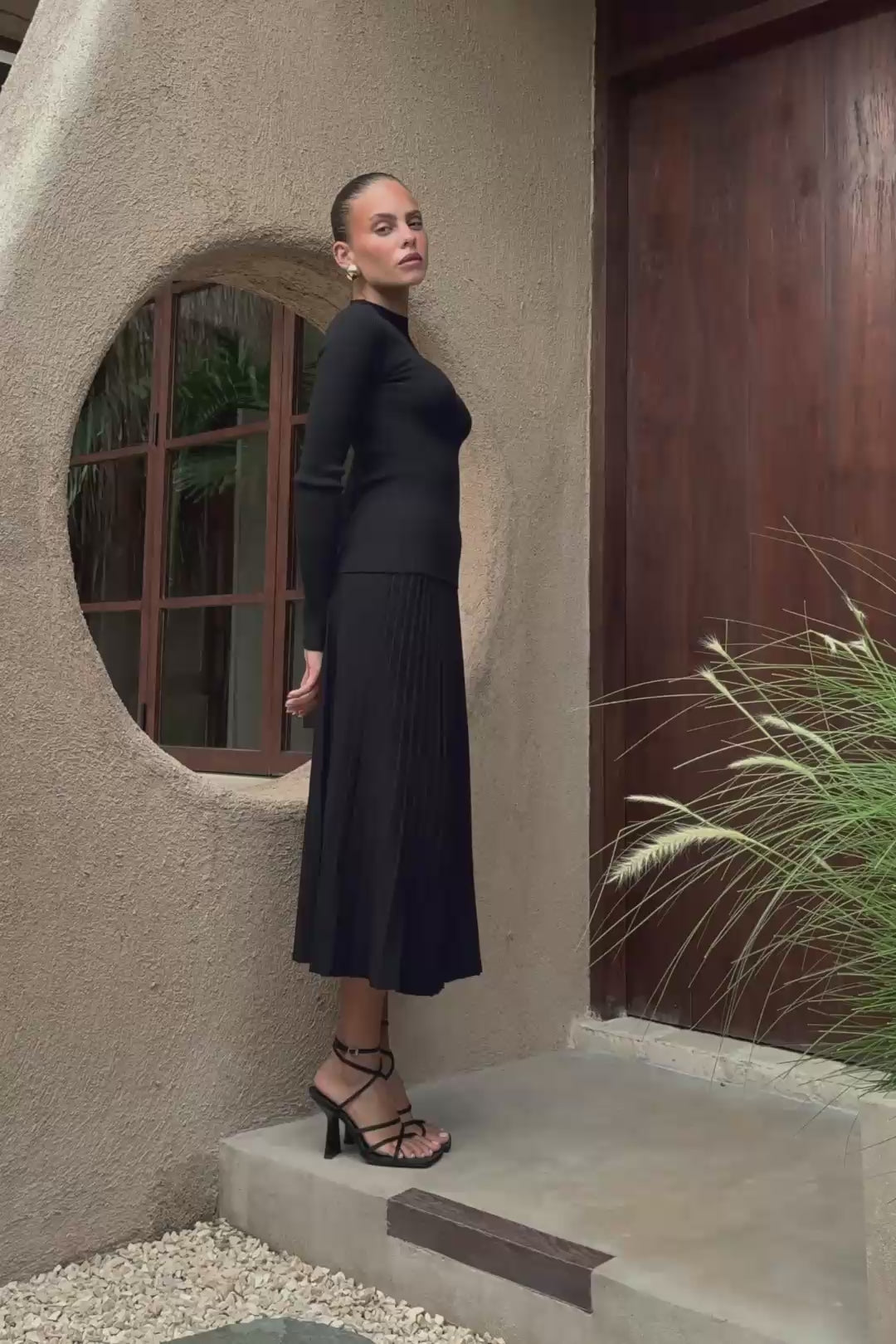 Hana Black Pleated Knit Midi Skirt Hana Black Pleated Knit Midi Skirt