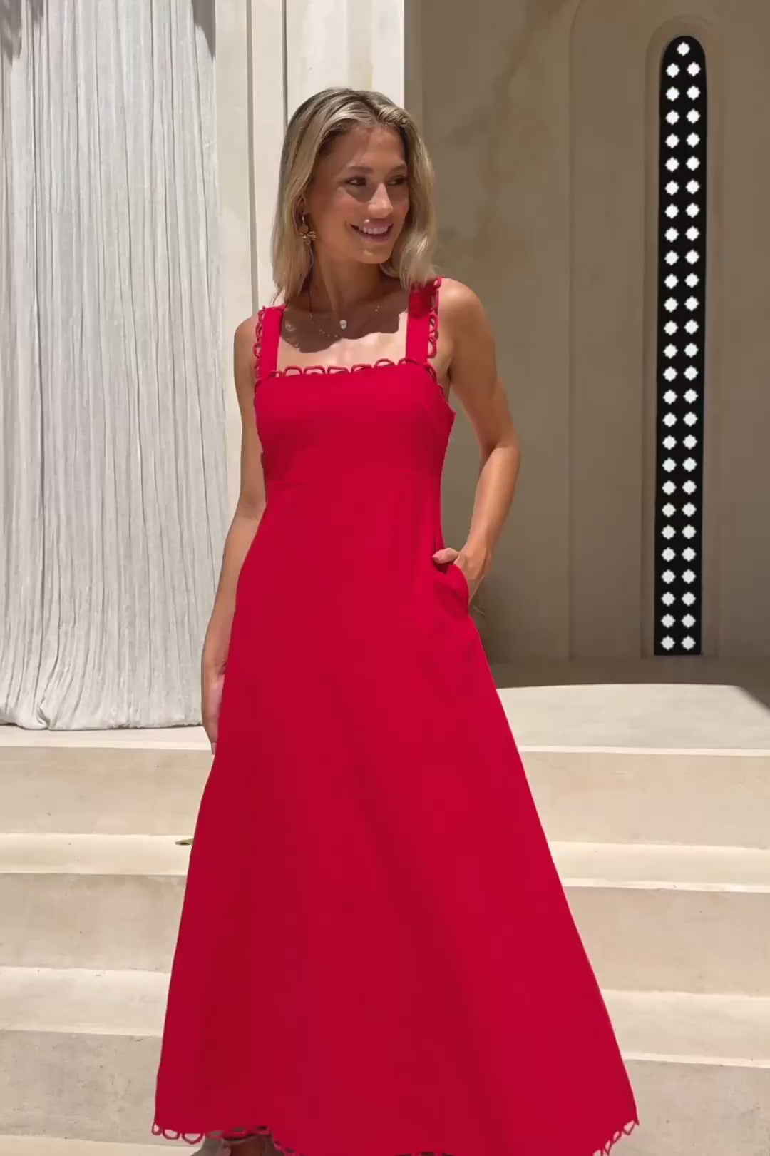 Mirae Red Scallop Trim Maxi Dress Mirae Red Scallop Trim Maxi Dress