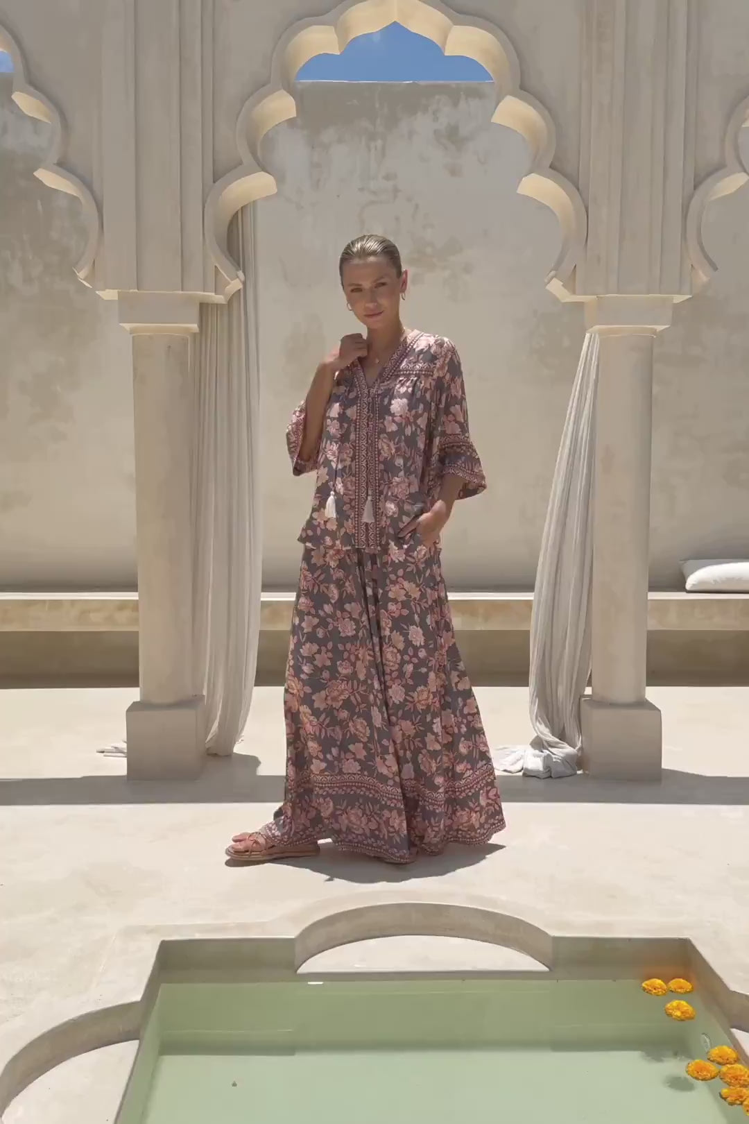 Amarante Navy Peach Floral Boho Wide Leg Pants Amarante Navy Peach Floral Boho Wide Leg Pants
