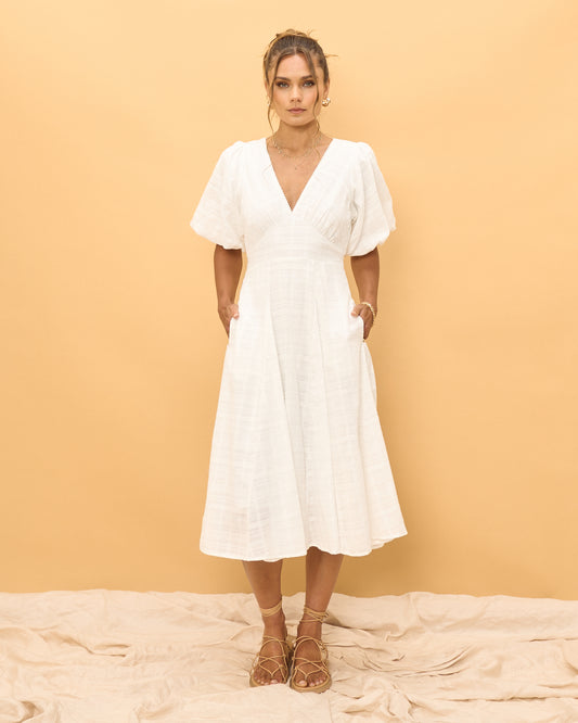 Weatherly Off-White Puff Sleeve Midi Dress