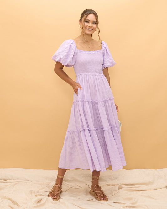 Thalia Lilac Puff Sleeve Midi Dress