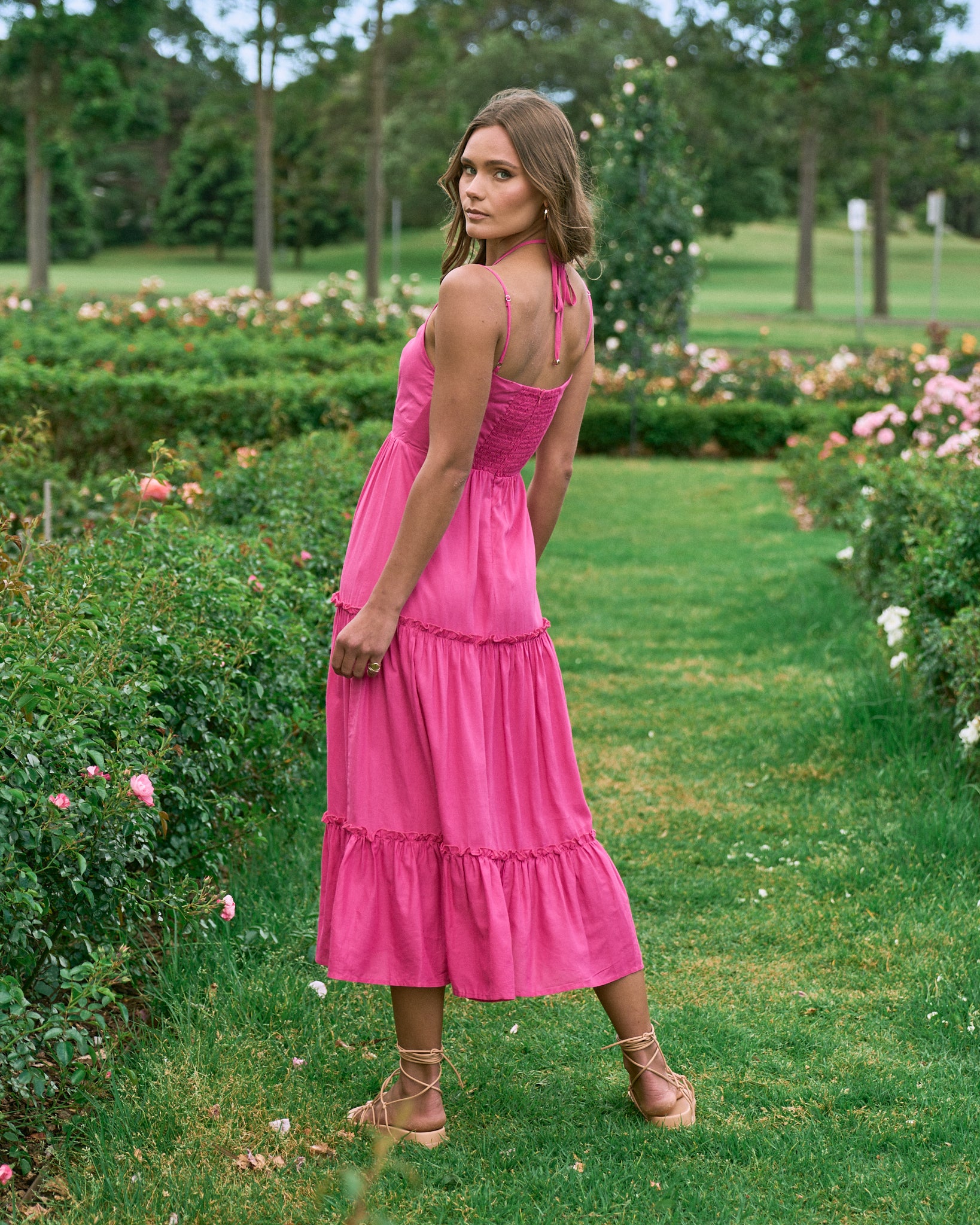 Parisa Hot Pink Halter Neck Midi Dress HEYCHIC