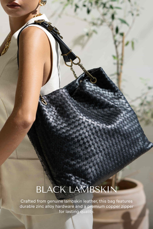 Evie Black Genuine Lambskin Leather Woven Shoulder Bag