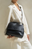 Emma Black Leather Woven Flap Bag