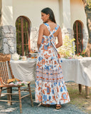 Sophia 橙蓝色花卉波西米亚分层中长连衣裙