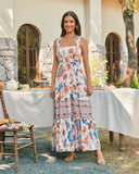 Sophia Orange Blue Floral Boho Tiered Midi Dress