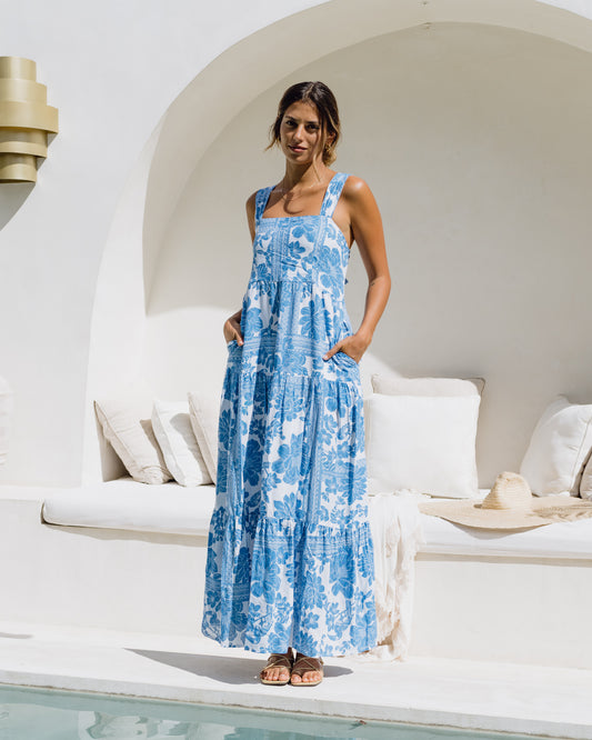 Tatiana Blue Floral Boho Tiered Midi Dress