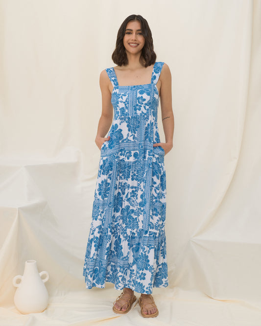 Tatiana Blue Floral Boho Tiered Midi Dress