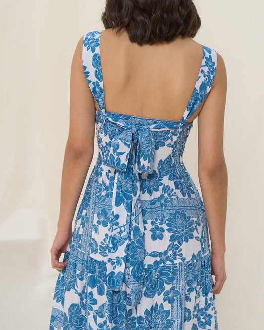 Tatiana 蓝色花卉波西米亚分层中长连衣裙