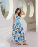Sirena Blue Abstract Tiered Midi Dress