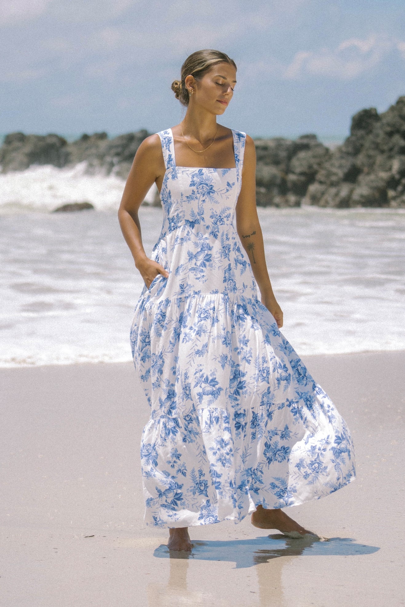 Rosette Blue Floral Tiered Midi Dress