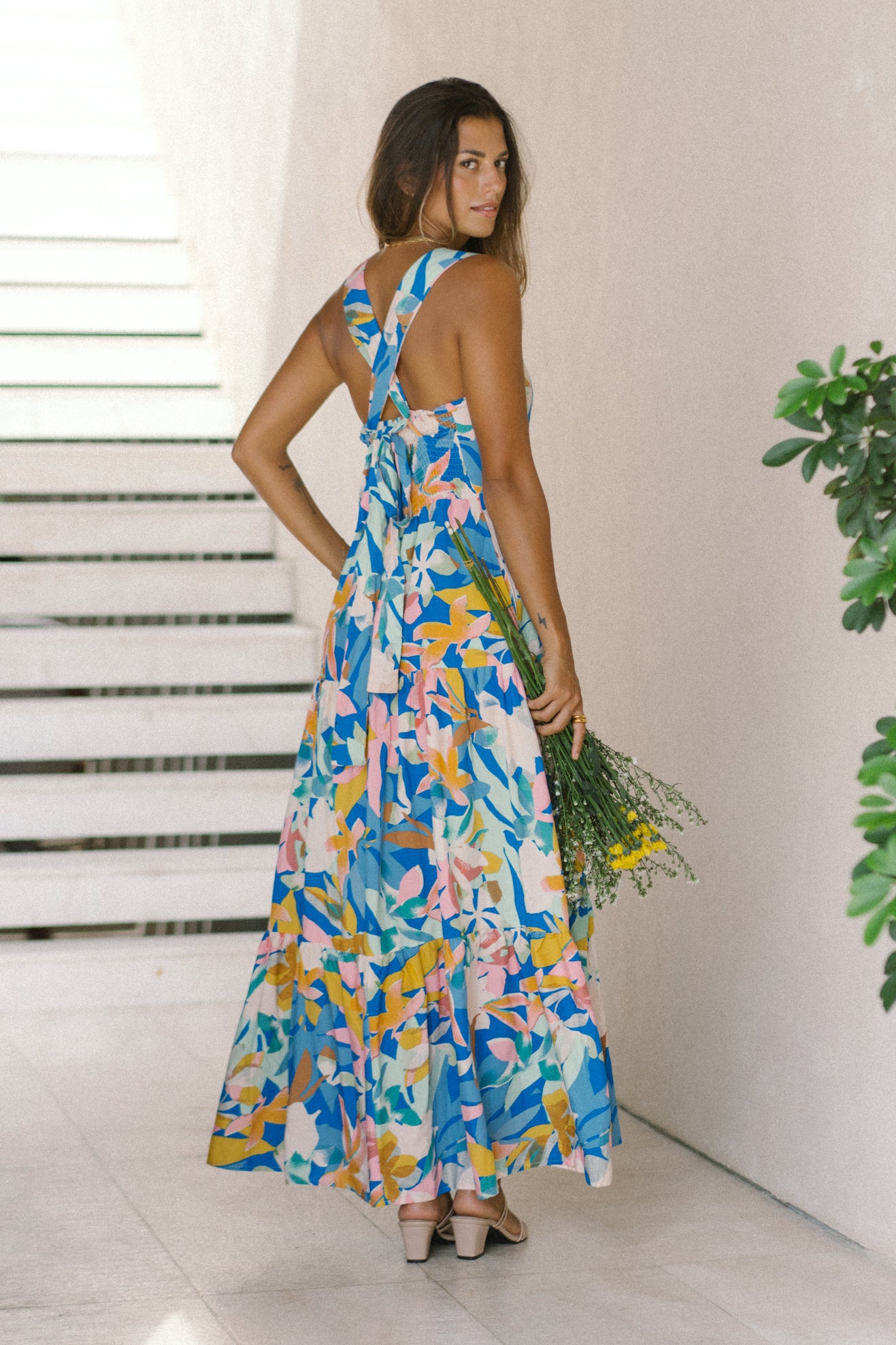 Calia Blue Floral Tiered Midi Dress