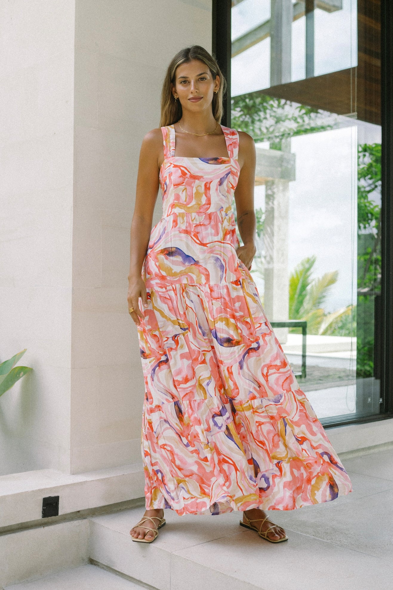 Mariella Pink Abstract Tiered Midi Dress
