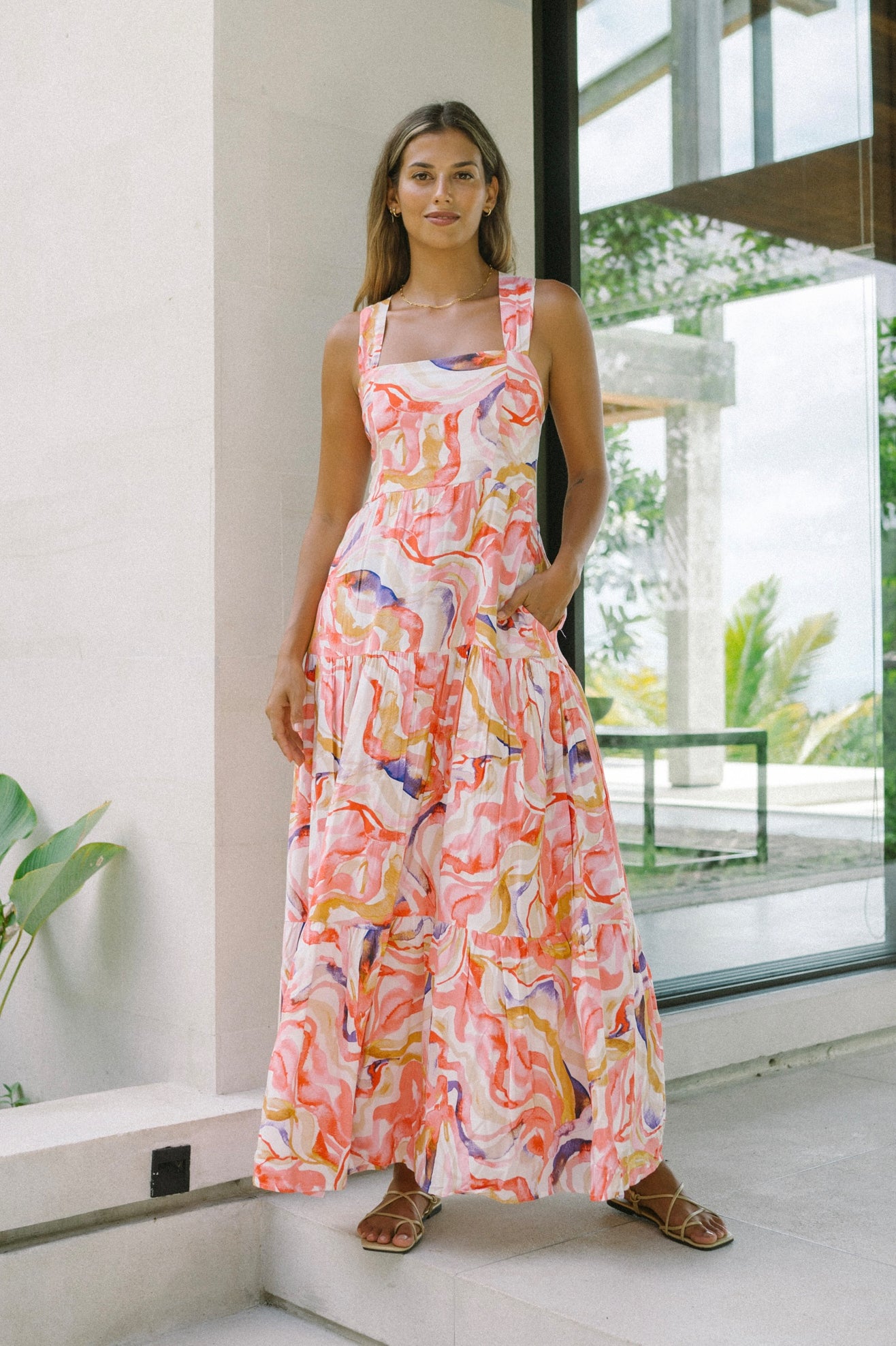 Mariella Pink Abstract Tiered Midi Dress