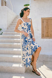 卡利蓝色抽象分层超长连衣裙