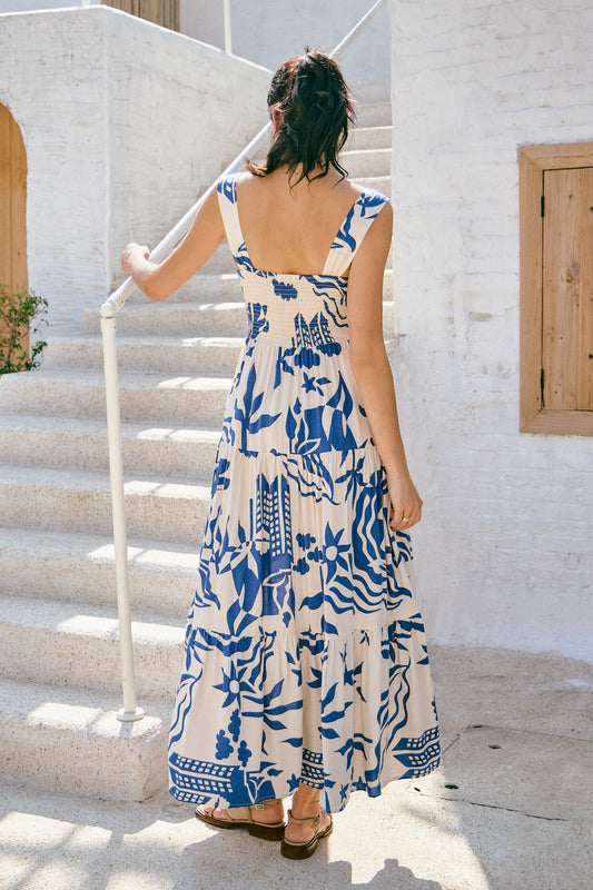 卡利蓝色抽象分层超长连衣裙
