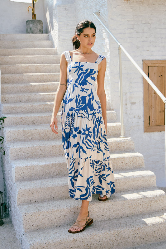 Cali Blue Abstract Tiered Maxi Dress