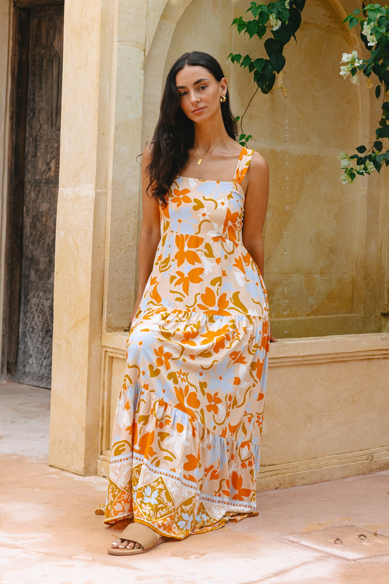 Acacia Orange Floral Tiered Maxi Dress