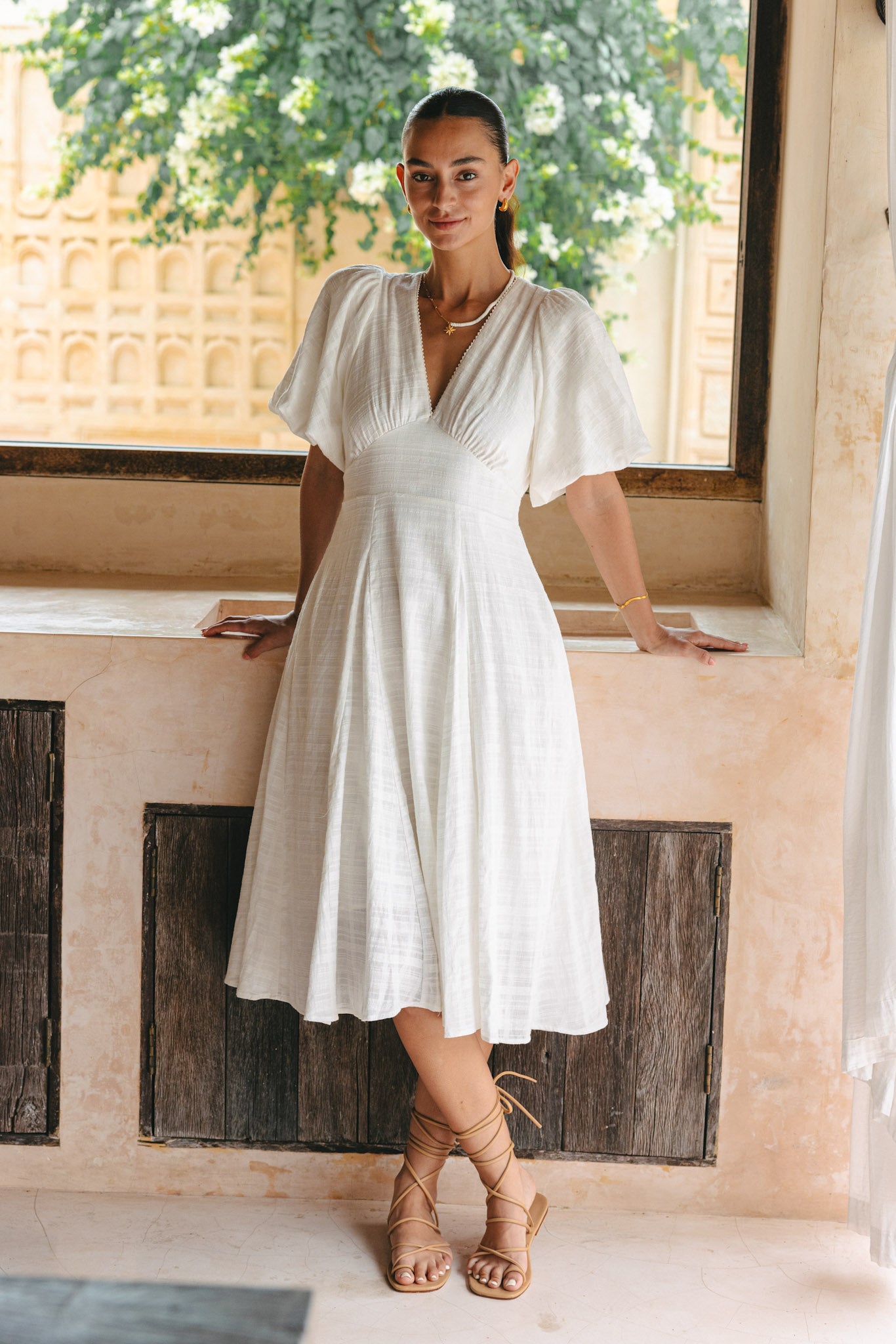 Lorenart White Pleated Smock Dress Sophisticated Off-White Backless Dress ROVE Lorenart White Pleated Smock Dress Sophisticated Off-White Backless Dress ROVE