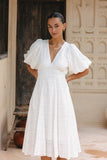 Weatherly Off-White Puff Sleeve Midi Dress