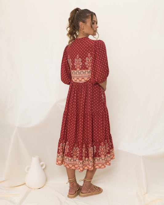 Ember Red Boho Midi Dress