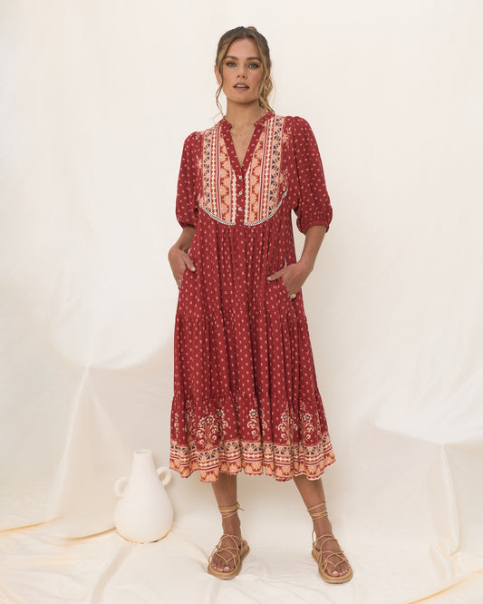 Gaun Midi Boho Merah Ember