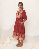 Gaun Midi Boho Merah Ember