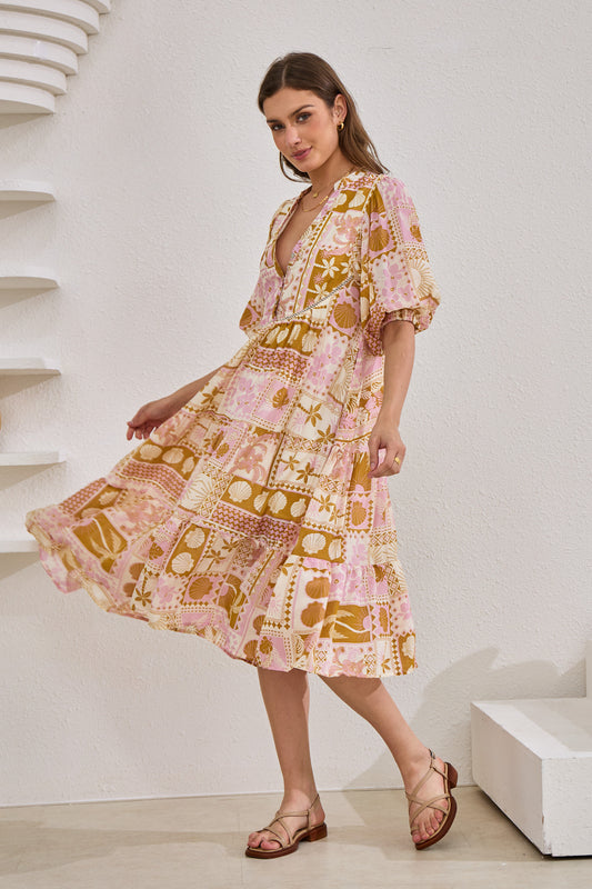 Helia Pink Abstract Shells Midi Dress