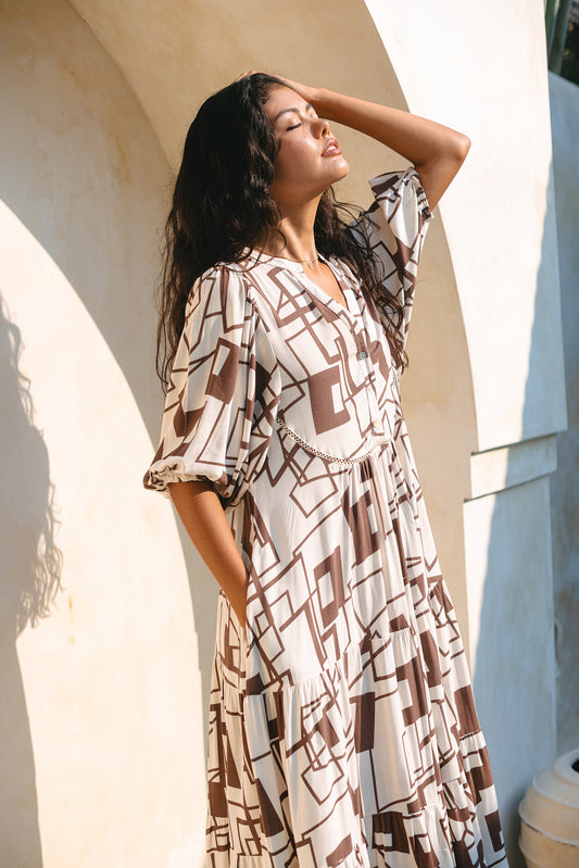 Raven Brown Geometric Button Down Midi Dress