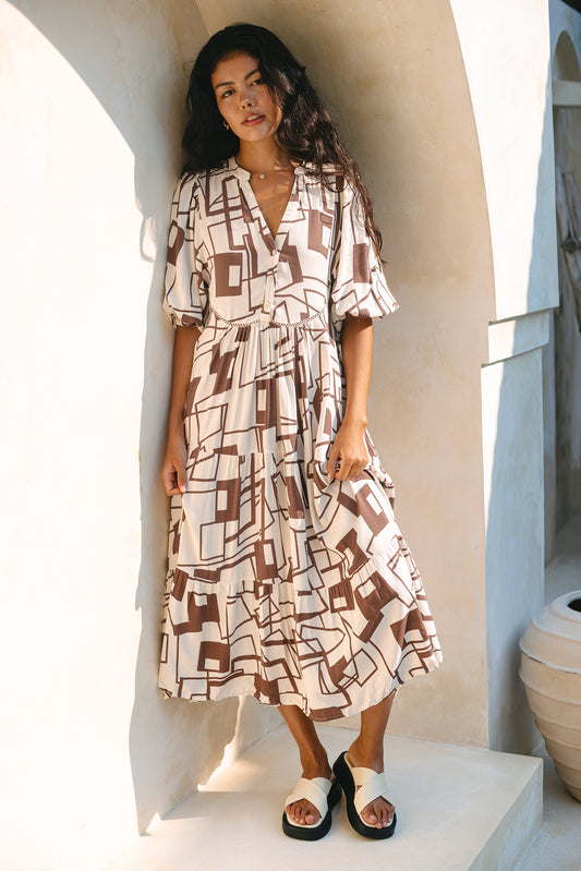 Raven Brown Geometric Button Down Midi Dress