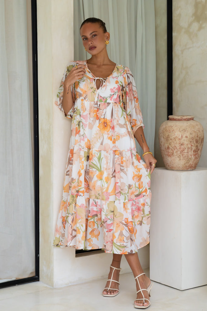 Libby Orange Flower Midi Dress