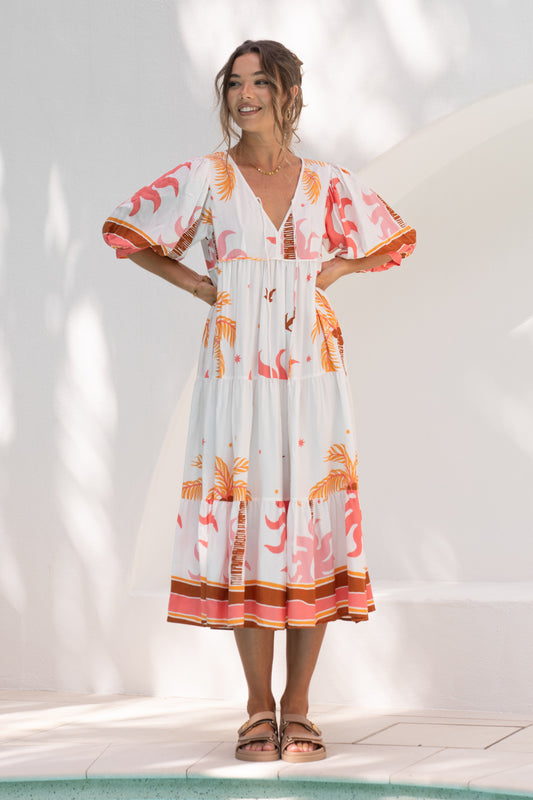 Soletta Coral Pink Tropical Midi Dress