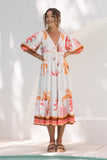 Soletta Coral Pink Tropical Midi Dress