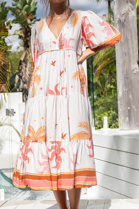 Soletta Coral Pink Tropical Midi Dress