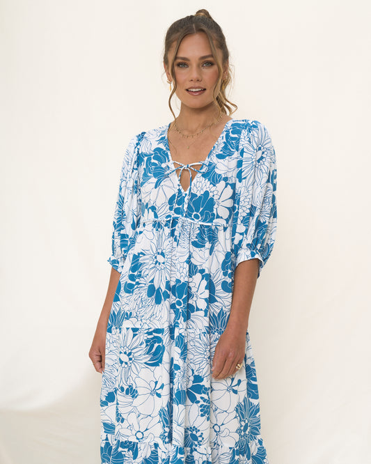 Cerulean Blue Floral Midi Dress