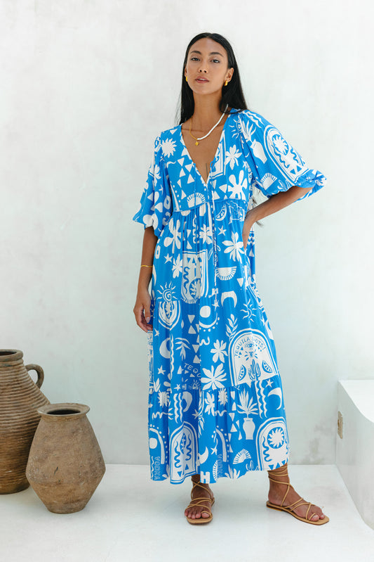Soquila Blue Tropical Midi Dress