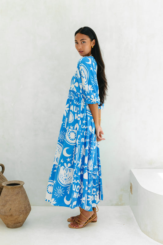Soquila Blue Tropical Midi Dress