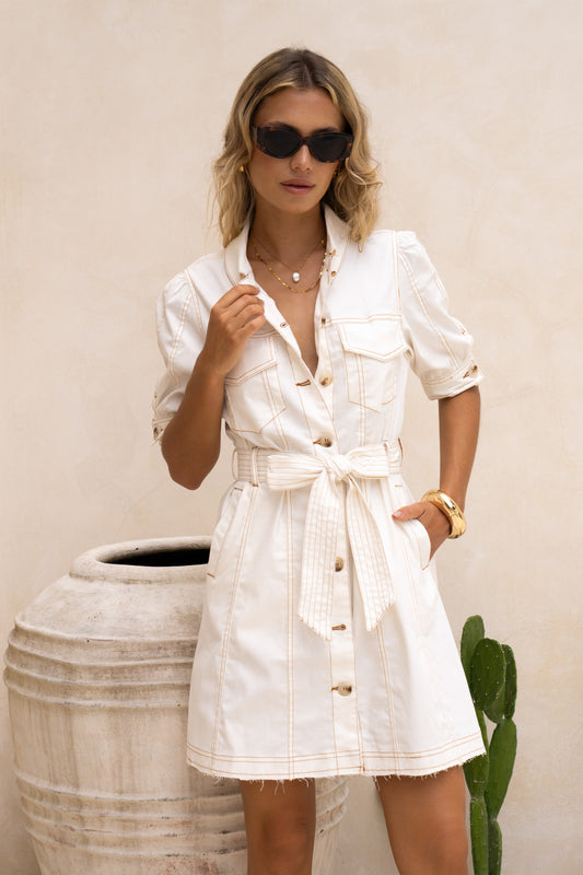 Chloe White Button Down Belted Mini Dress