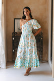 Wisteria Blue Tropical Boho One Shoulder Midi Dress