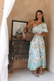 Wisteria Blue Tropical Boho One Shoulder Midi Dress