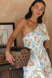 Wisteria Blue Tropical Boho One Shoulder Midi Dress