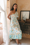 Wisteria Blue Tropical Boho One Shoulder Midi Dress