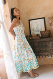 Wisteria Blue Tropical Boho One Shoulder Midi Dress