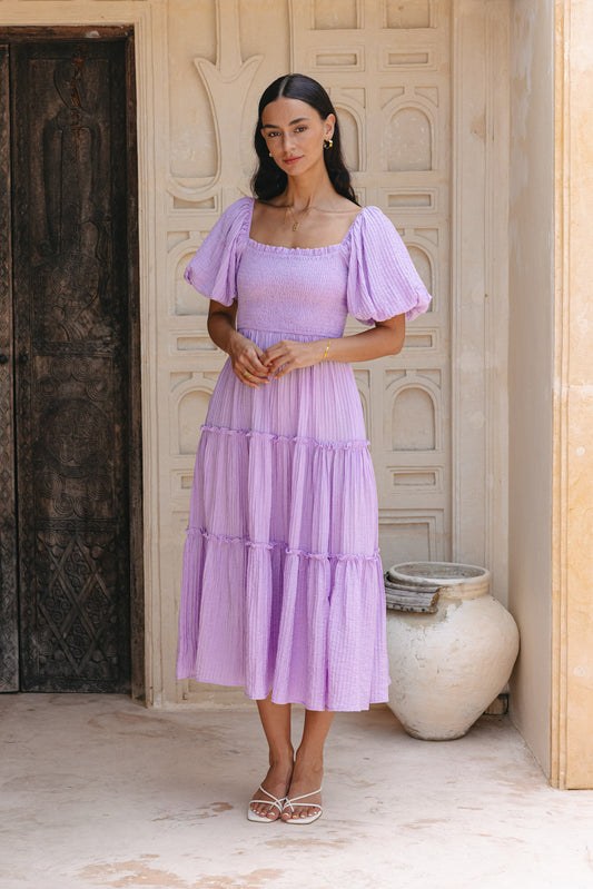 Thalia Lilac Puff Sleeve Midi Dress