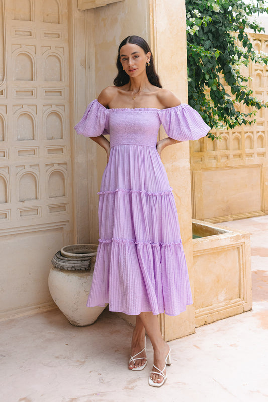 Gaun Midi Lengan Puff Thalia Lilac