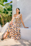 Witten Blue Orange Geometric One Shoulder Tie Maxi Dress