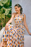 Witten Blue Orange Geometric One Shoulder Tie Maxi Dress