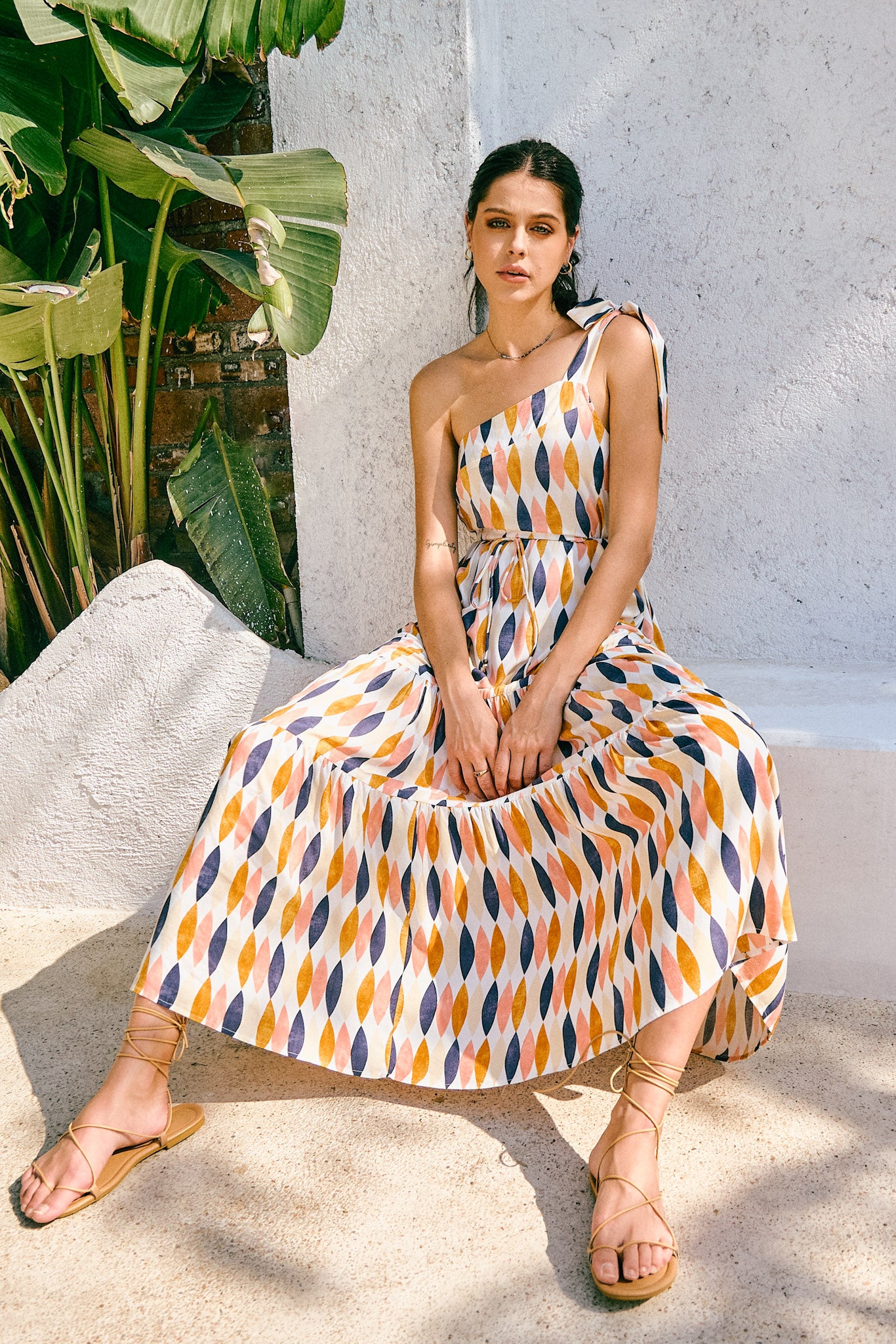 Witten Blue Orange Geometric One Shoulder Tie Maxi Dress Witten Blue Orange Geometric One Shoulder Tie Maxi Dress